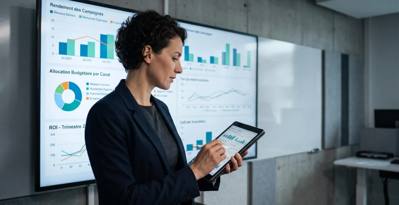 Analyste marketing examinant les tableaux de performance et la répartition budgétaire entre différents canaux d'acquisition