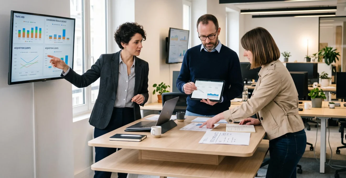 Équipe marketing en session de planification stratégique analysant les performances de plusieurs canaux d'acquisition digitale dans une agence française