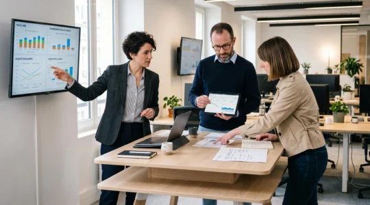 Équipe marketing en session de planification stratégique analysant les performances de plusieurs canaux d'acquisition digitale dans une agence française