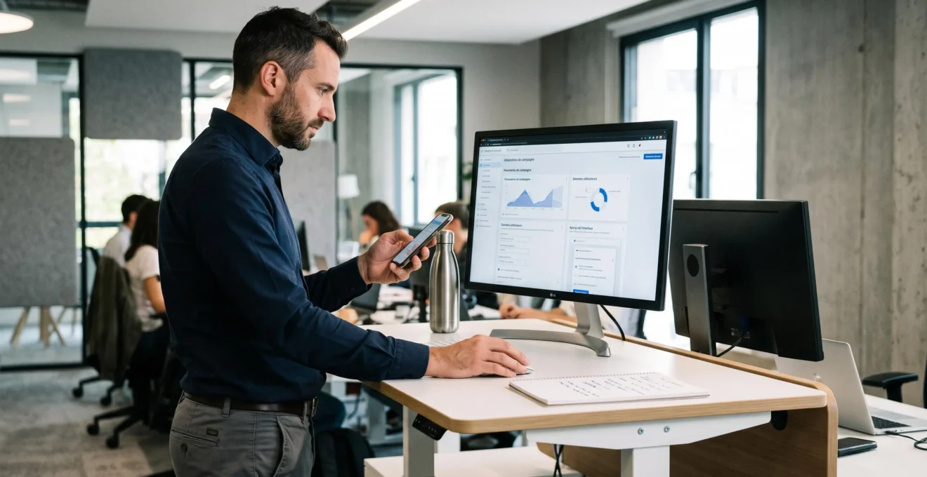 Responsable marketing testant une nouvelle plateforme publicitaire conversationnelle sur ordinateur et mobile simultanément